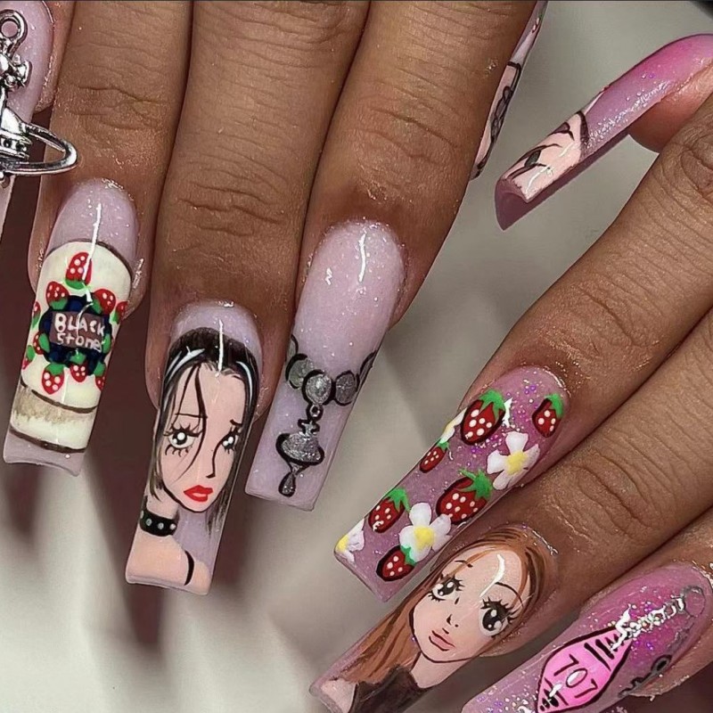 Nail Art Strawberry - Unhas postiças médias e longas para