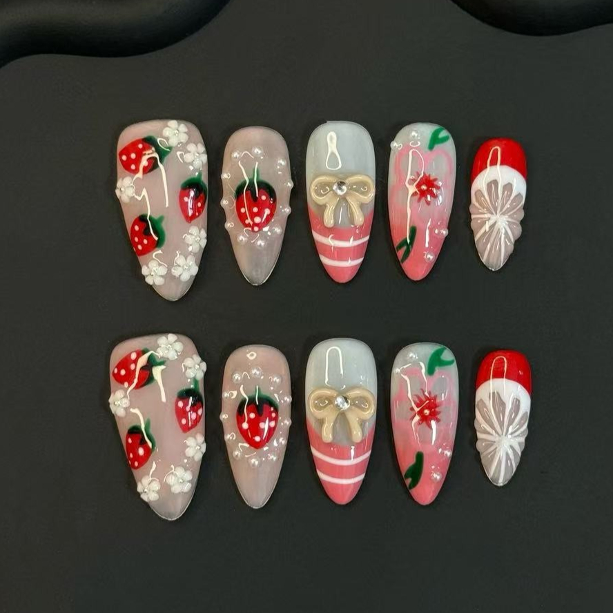 Nail Art Strawberry - 10 Peças de Unhas Postiças de