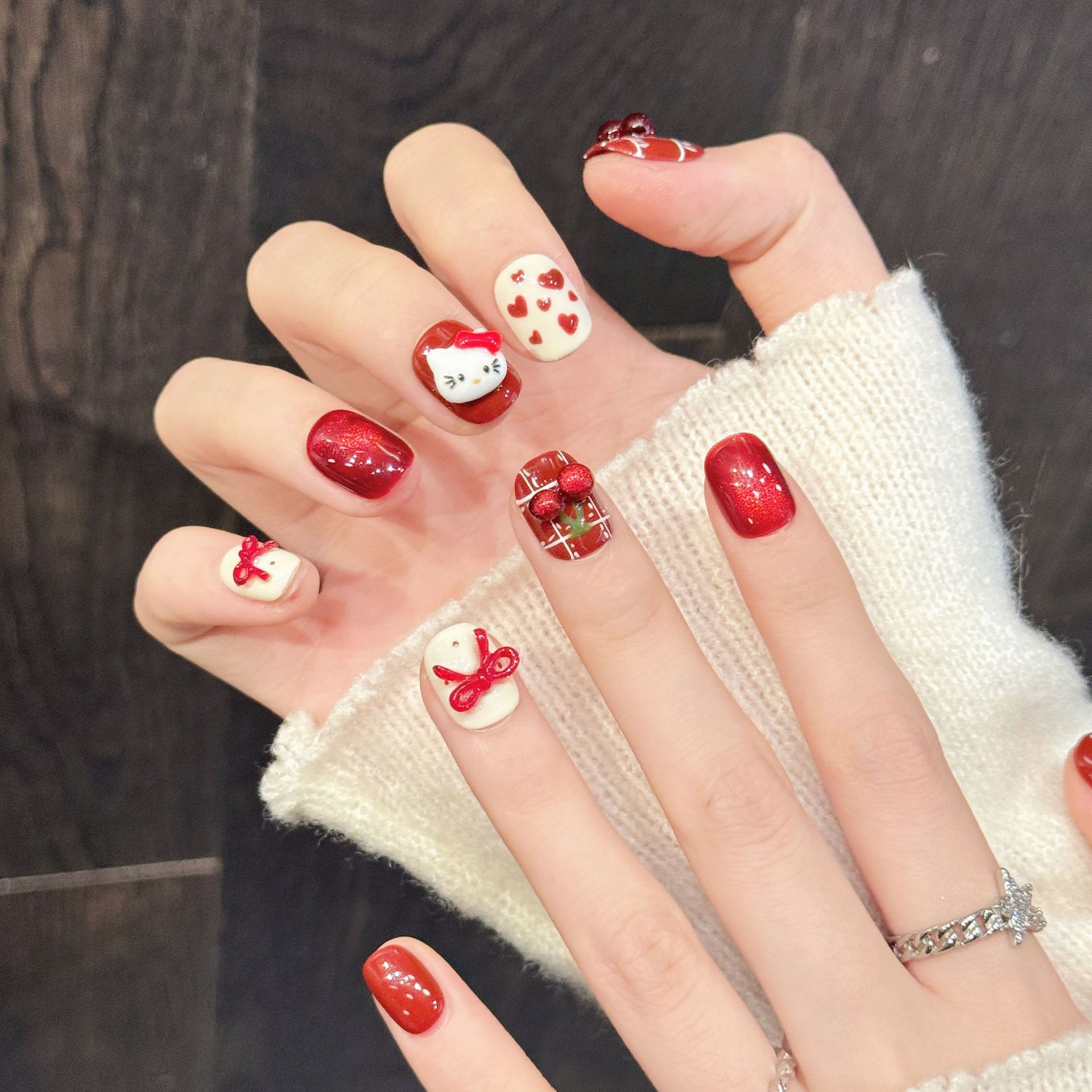 Nail Art Red Cherry - 10PCS Unhas Postiças Artesanais Vermelhas e
