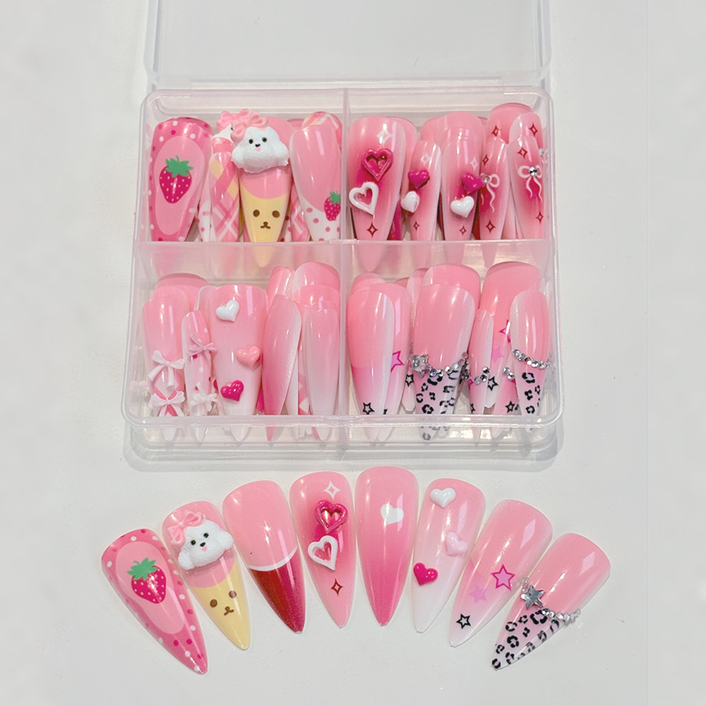 Nail Art Strawberry - 96 Unidades de Unhas Postiças Longas