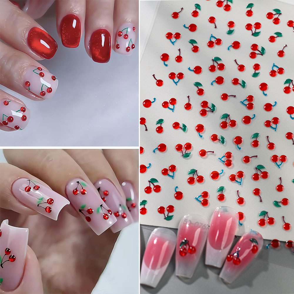 1/2 Peças Adesivos de Unha 5D  - Nail Art Red Cherry avaliação e preço