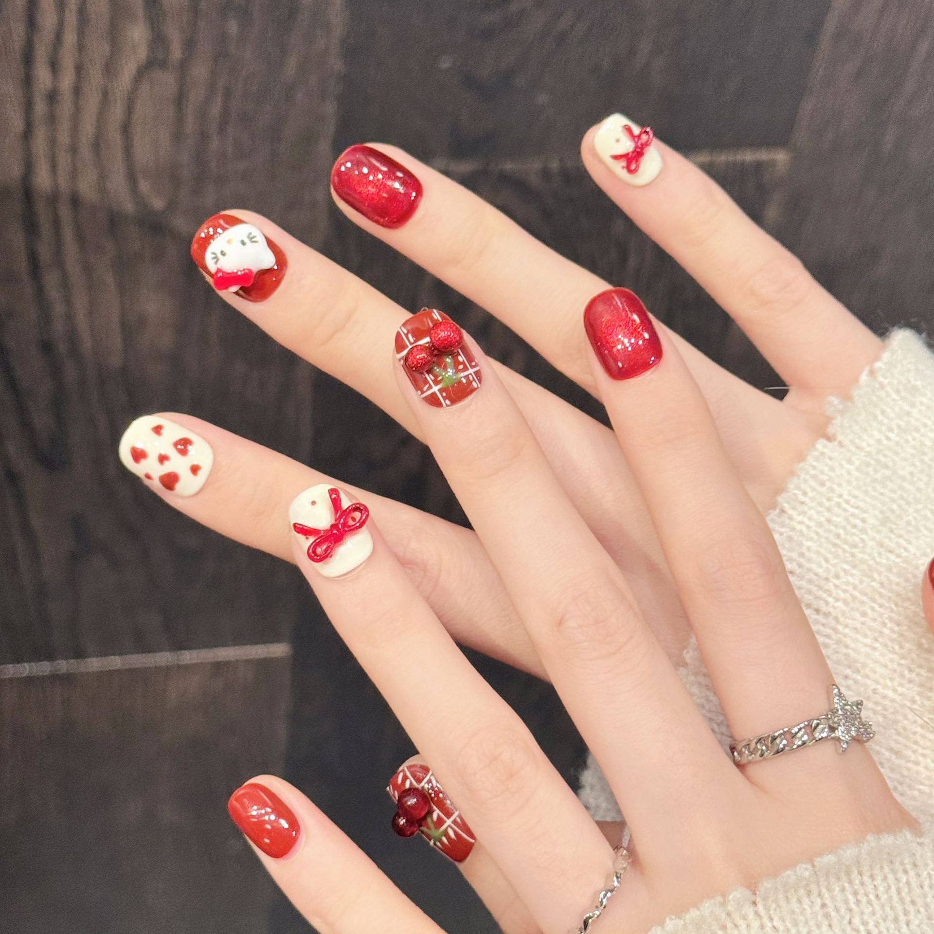10PCS Unhas Postiças Artesanai - Nail Art Red Cherry avaliação e preço