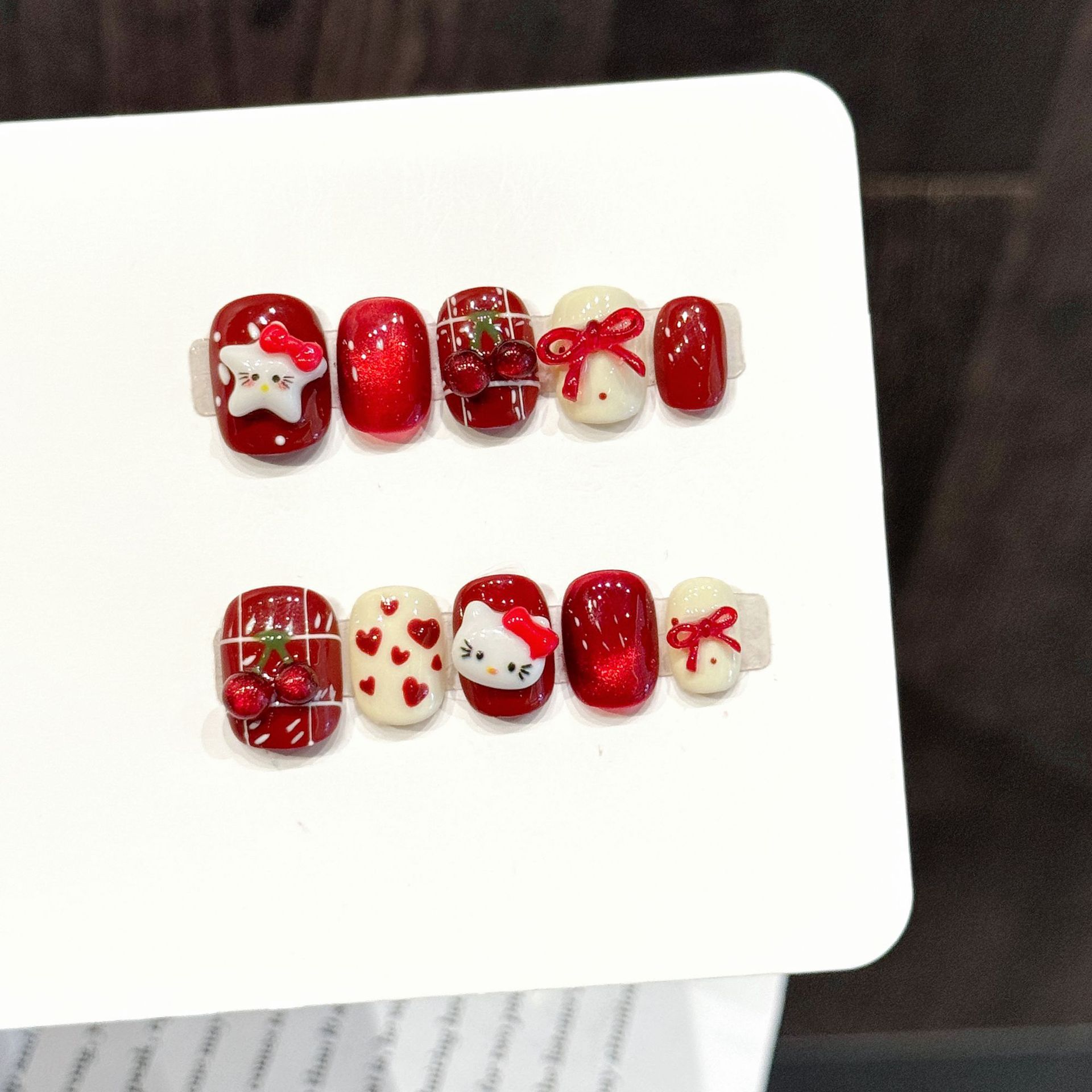 10PCS Unhas Postiças Artesanai - Nail Art Red Cherry avaliação e preço